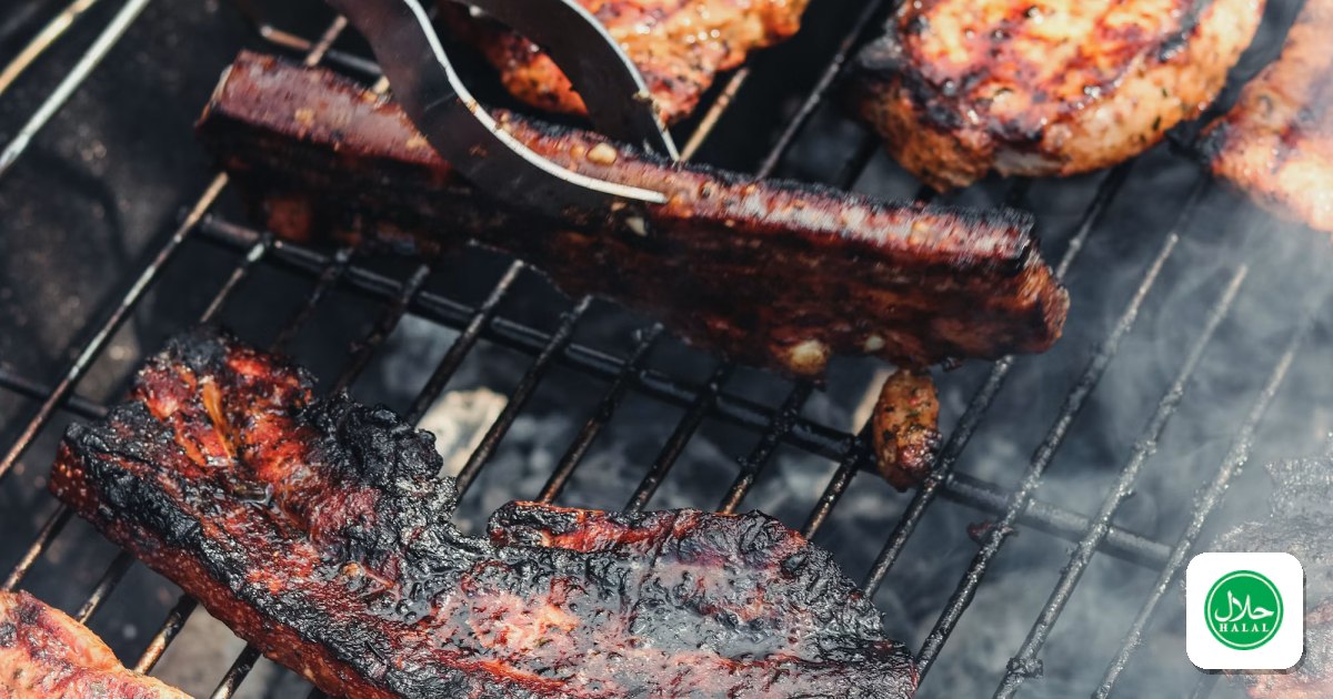 Grilled meat cooking over a charcoal grill