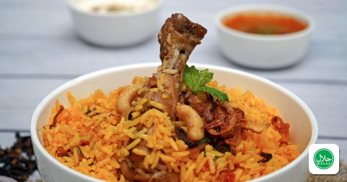 A bowl of mutton biryani served with raita and salan