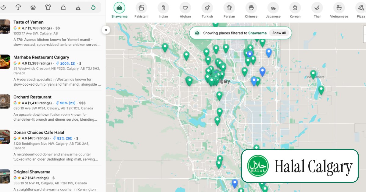 The Halal Calgary map filtered to shawarma, showing the cuisine row and 70 matching places
