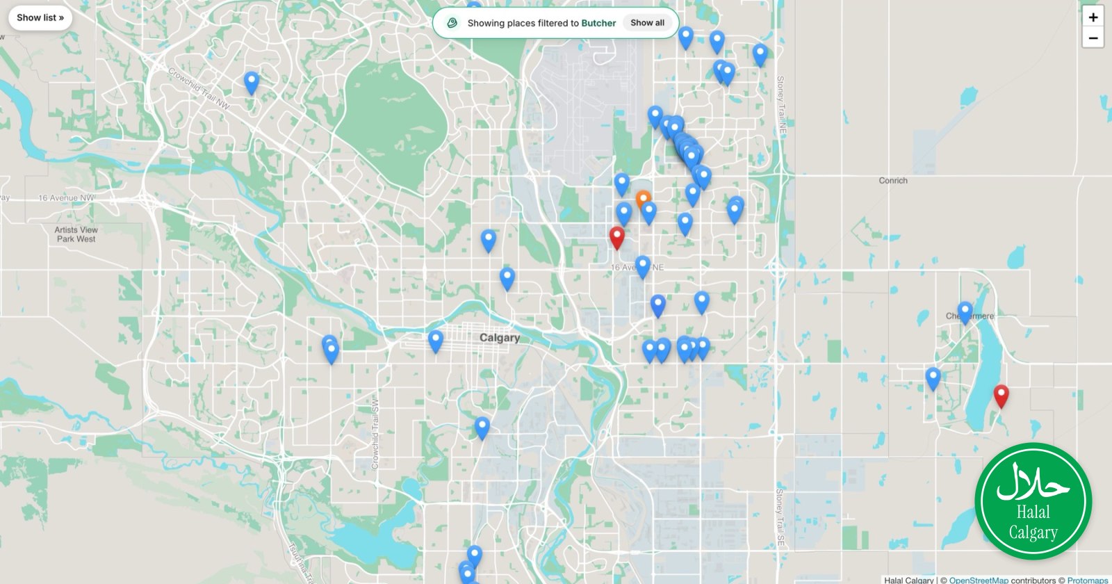 The Halal Calgary map filtered to butchers, showing where the halal meat counters are and how many of them sit in the northeast