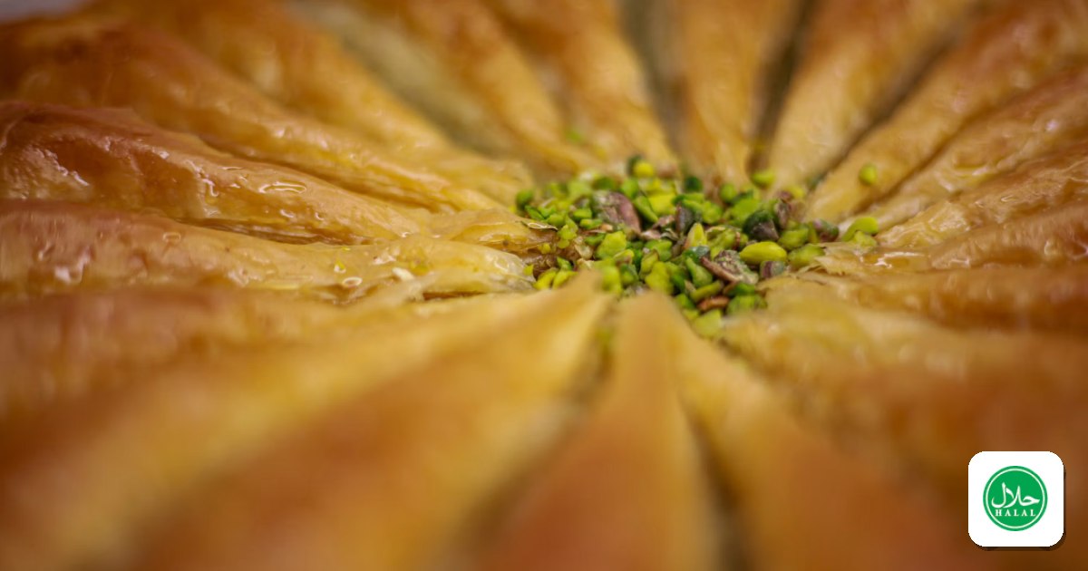 Golden baklava topped with crushed pistachios