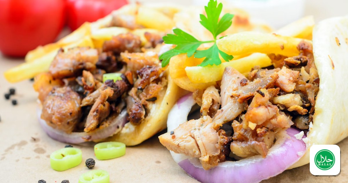 A wrapped donair with fries on brown paper on a blue wooden table