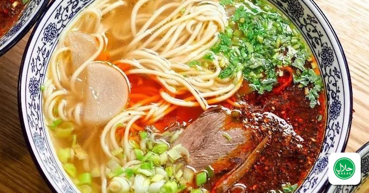 Hand-pulled noodles in beef soup with chili oil and herbs