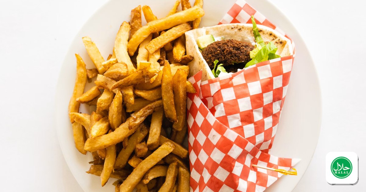A shawarma wrap served with a side of fries on a white plate