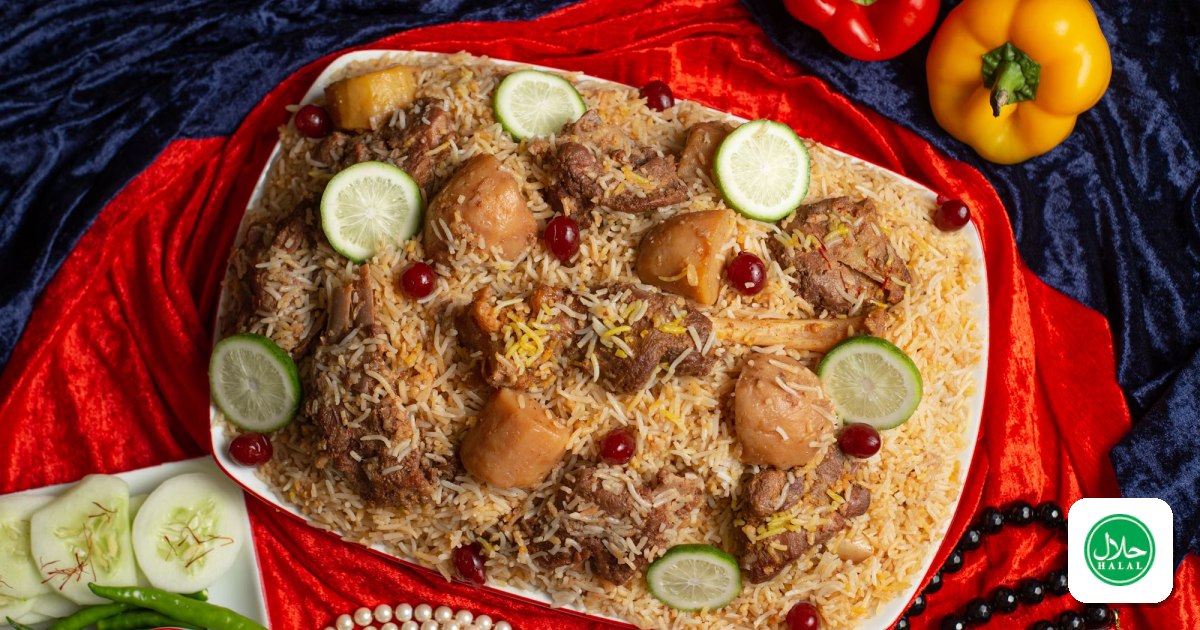 A large platter of biryani with rice, meat and fresh garnishes