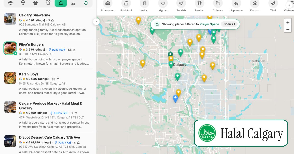 The Halal Calgary map filtered to places with a prayer space, showing the filter row and narrowed results