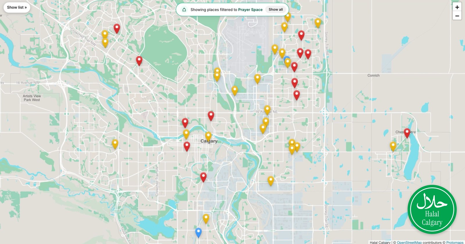 The Halal Calgary map filtered to prayer spaces, showing every mosque and musalla in the city at once