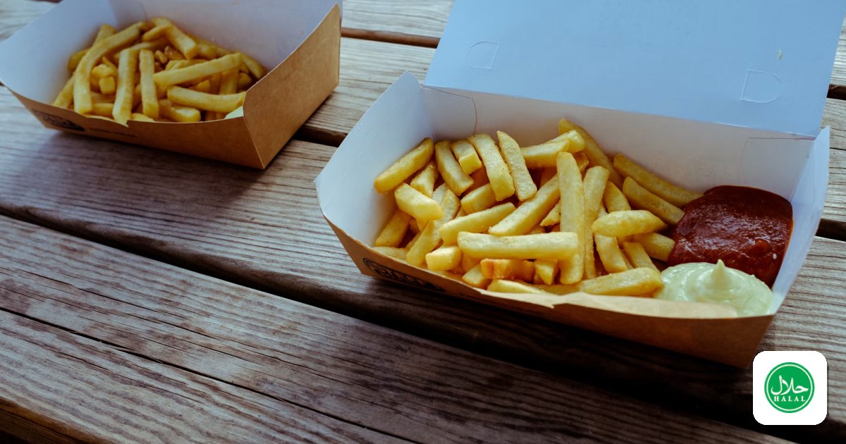 Two open cardboard cartons of french fries on a wooden table