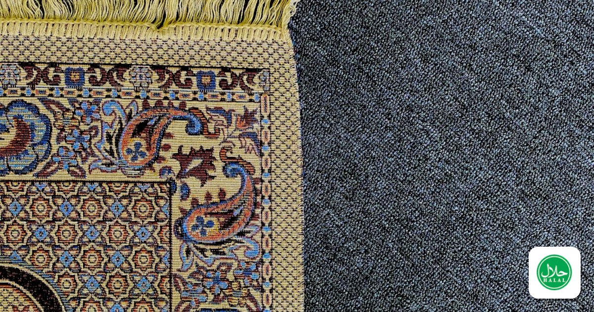 A prayer mat laid out on a carpeted floor